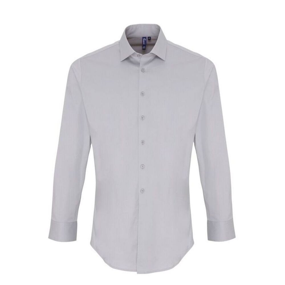 Premier Mens Stretch Fit Poplin Long Sleeve Shirt / Silver